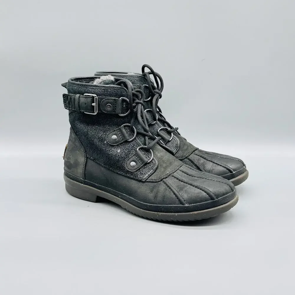 UGG Boots Womens 7 Black Cecile Waterproof Fur Lined Lace Up Ankle Duck Winter
